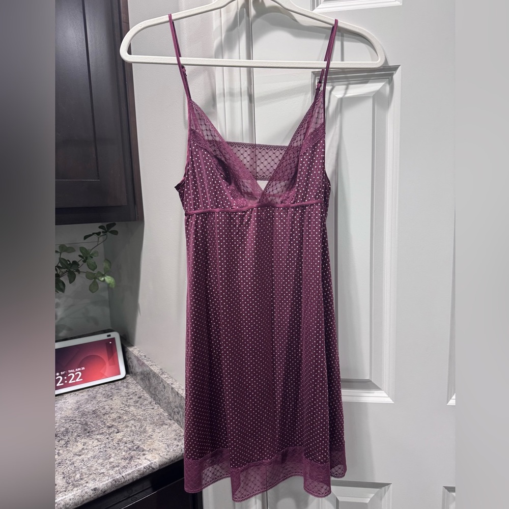 Victoria's Secret Burgundy Polka Dot Chemise with Lace Trim